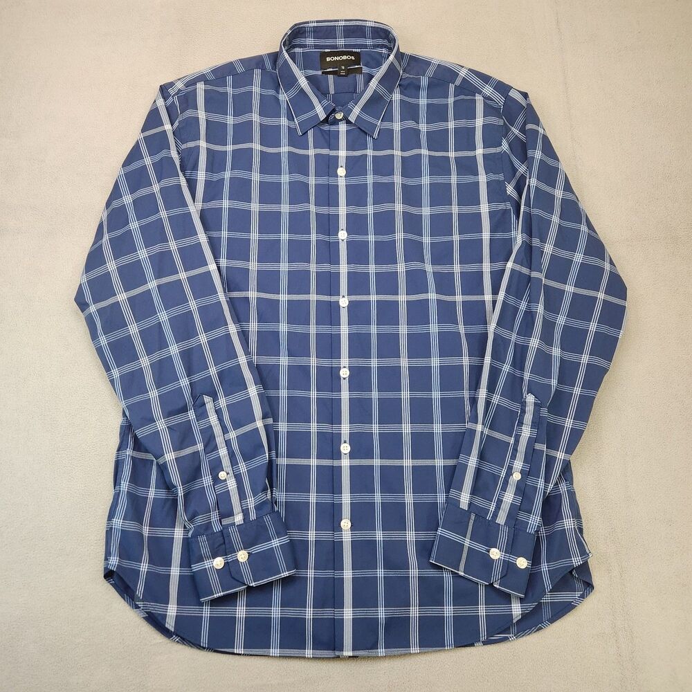 Bonobos Slim Fit Button Up Shirt Men's XL Blue Plaid Long Sleeve Nylon Stretch